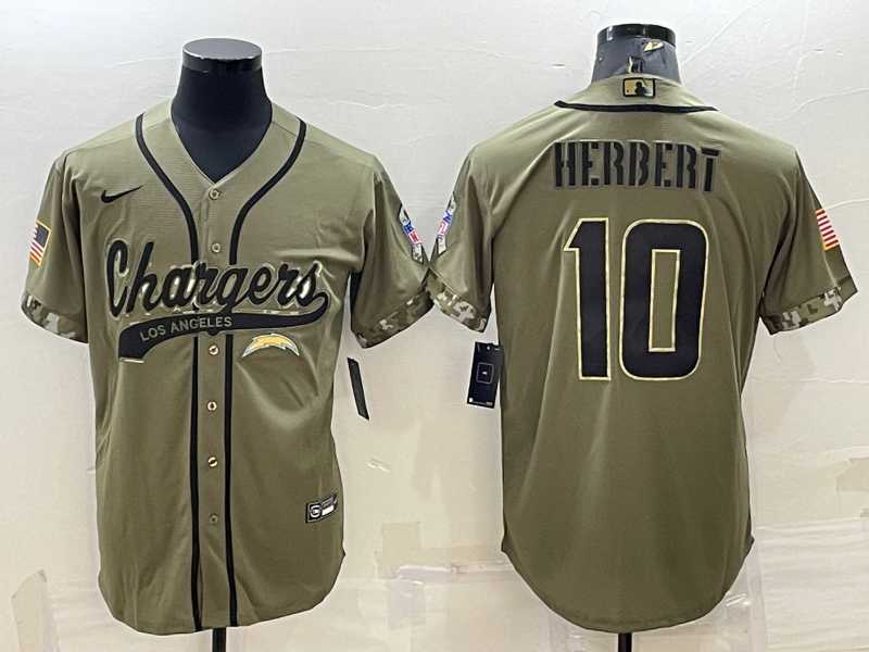 Mens Los Angeles Chargers #10 Justin Herbert Olive Salute to Service Cool Base Stitched Baseball Jersey